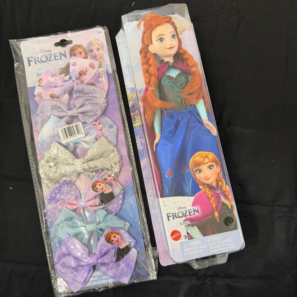 Disney Frozen Anna Mattel Doll & Luv Her 6-Pack Hair Bows Bundle Set HLW49 READ